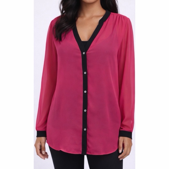 DKNYC Tops - (NWT) DKNYC • Hot Pink/Black Sheer Long Sleeve Button-Down Shirt, L